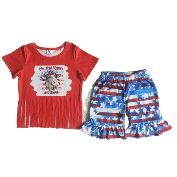 wholesale summer boutique clothing cow print red tassel top star striped shorts set 7-16 years girls boutique 4th of july style