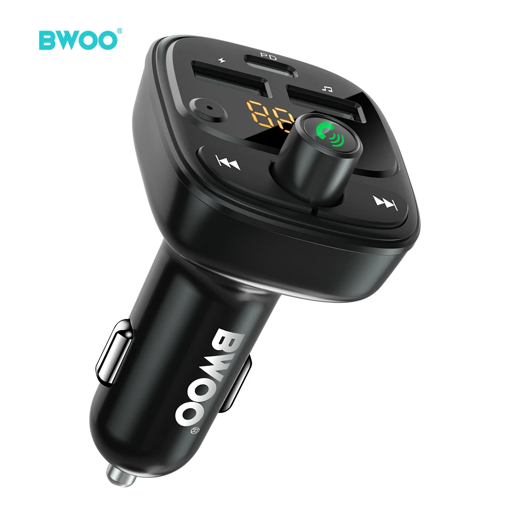 BWOO 30W Type C Dual USB Port Car Charger Adapter Digital Display 3A Fast Charging Car Wireless Fm Transmitter for Mobile Phone