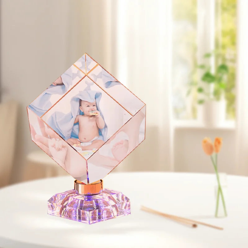 Personal Custom Crystal Crafts Custom Shape High Quality 3d Laser Glass Carve Cube Photo Blank Glass Cube With Rotating Base