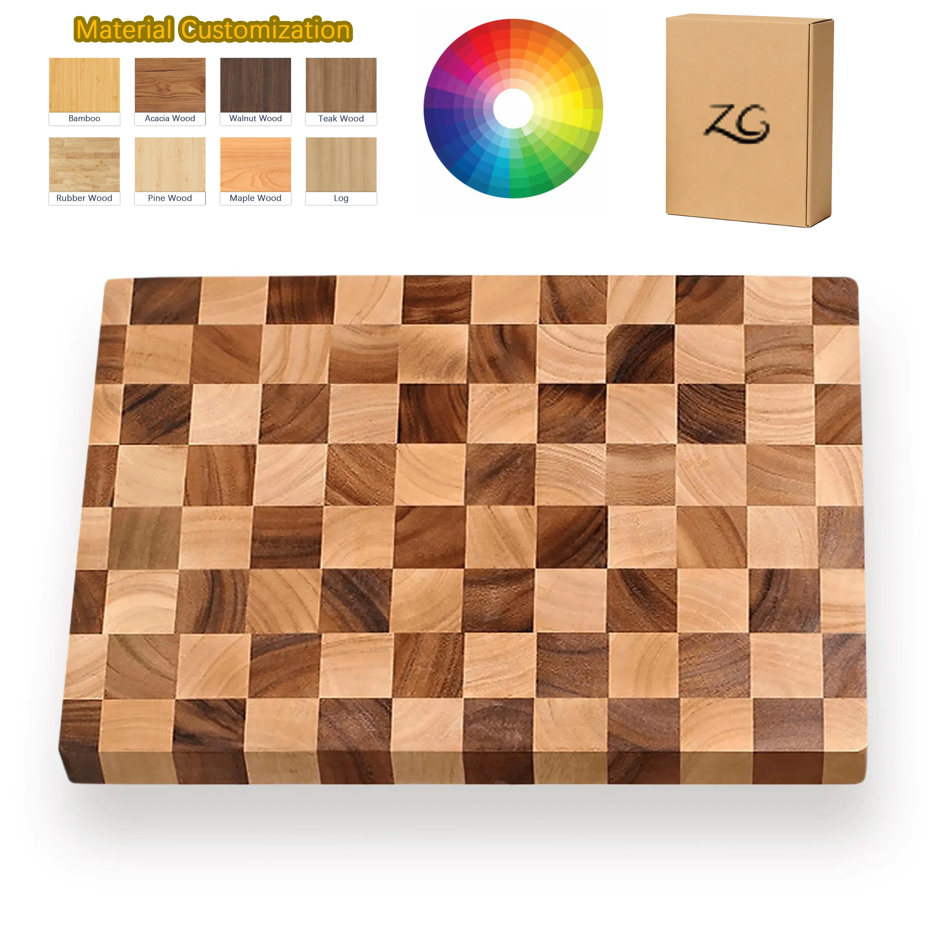 ZC Custom Chopping Board Rectangular Butcher Board with Handle Kitchen Cutting Board and Feet End Grain Acacia Wood