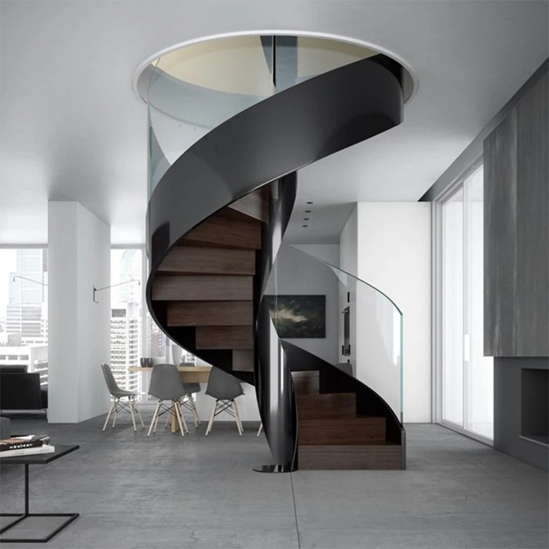 Modern Design Solid Wooden Tread Curved Staircase Powder-Coated Durable for Indoor Hotel Use
