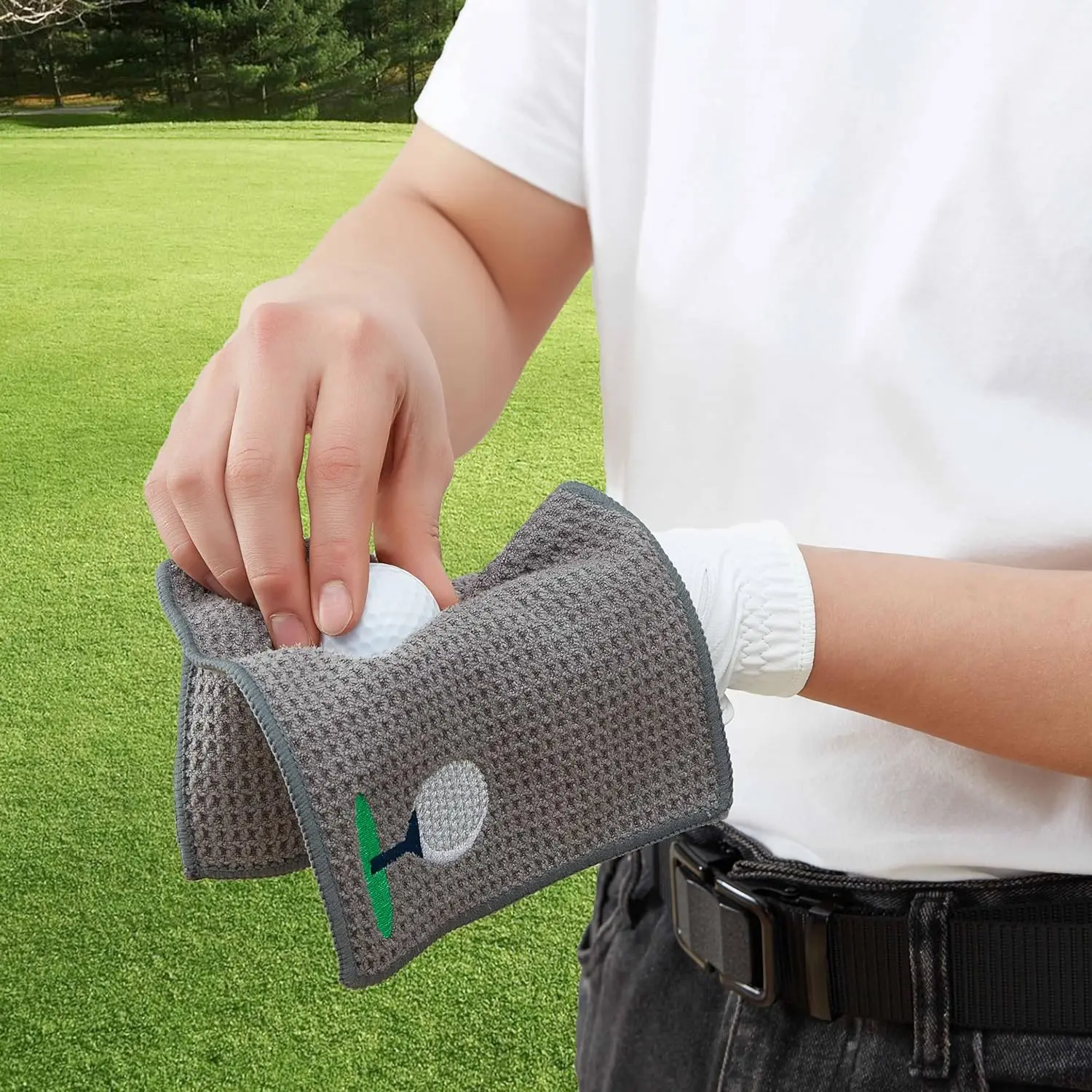 Tilpasset logo trykt vaffel mikrofiber golfhåndklæde premium kvalitet miljøvenlig vævet håndklæde med hage sublimeringsteknik