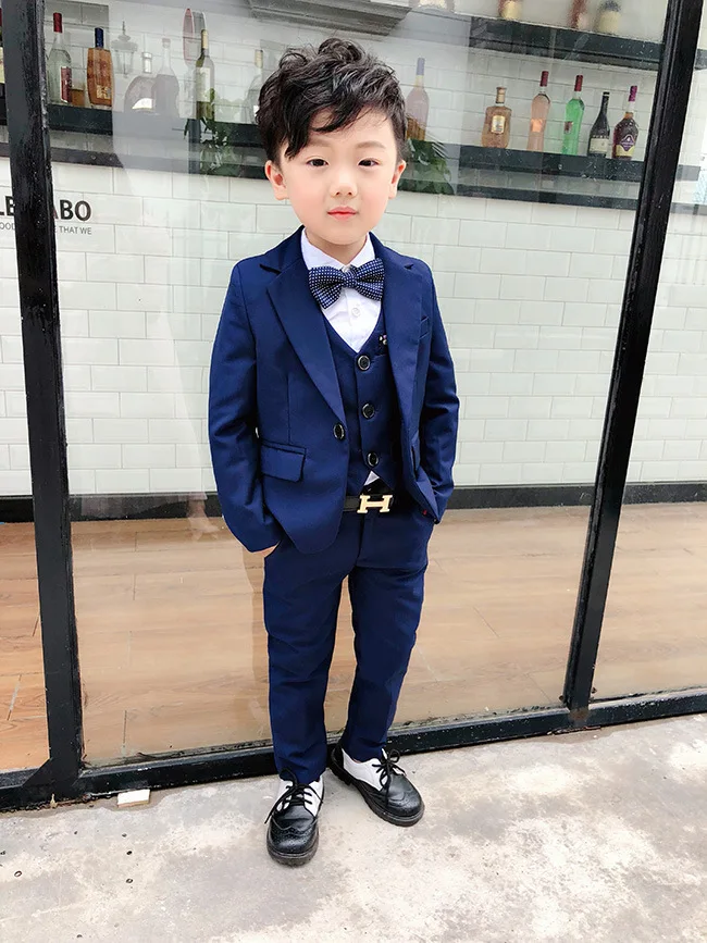 2019 European American clothing kids fashion cute solid color vest suit three-piece flower boy host costume