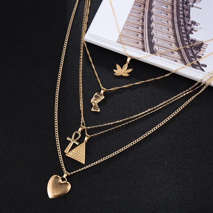 YG-139 Neck Jewelry for Women Metal Multi 5 Layers Gold Alloy Metallic Pyramid Leaf Pharaoh Heart Pendant Necklace