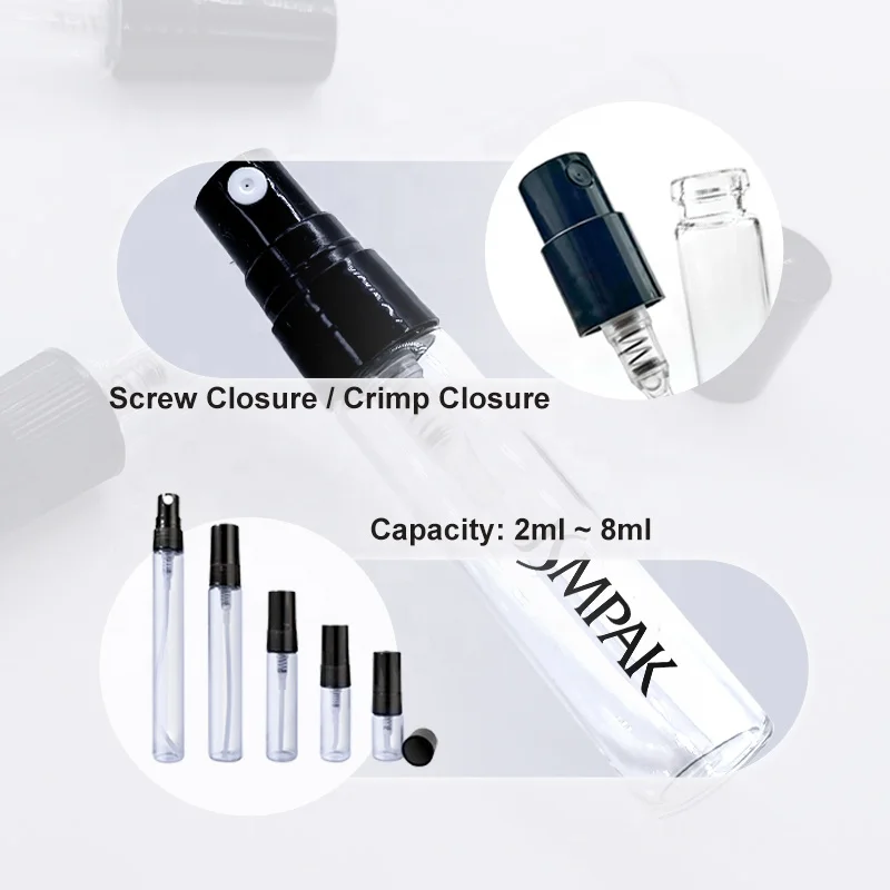 Custom Slim Attar Display 2ml 3ml 5ml 10ml Parfum Sample Atomizer Glass Perfume Bottle With Crimp Pump