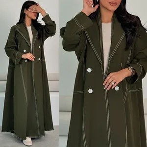 MQ150 Trendy Autumn European Muslim Abaya Windbreaker Jacket Double Breasted Long Sleeve Cardigan Long Trench Coats for Women