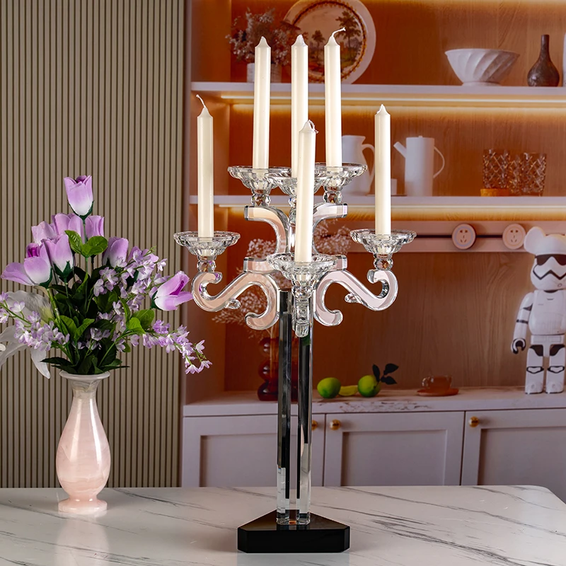 Small Bridge Long Handled Verre Multibras Chandelier de Luxe Décoration de Centre de Mariage Bougie en Cristal