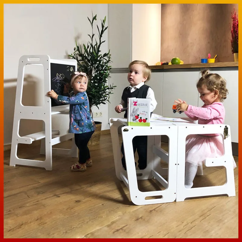 The Folding Learning Tower for Toddlers | Montessori Kitchen Helper - Xiha Toy White + Chalkboard