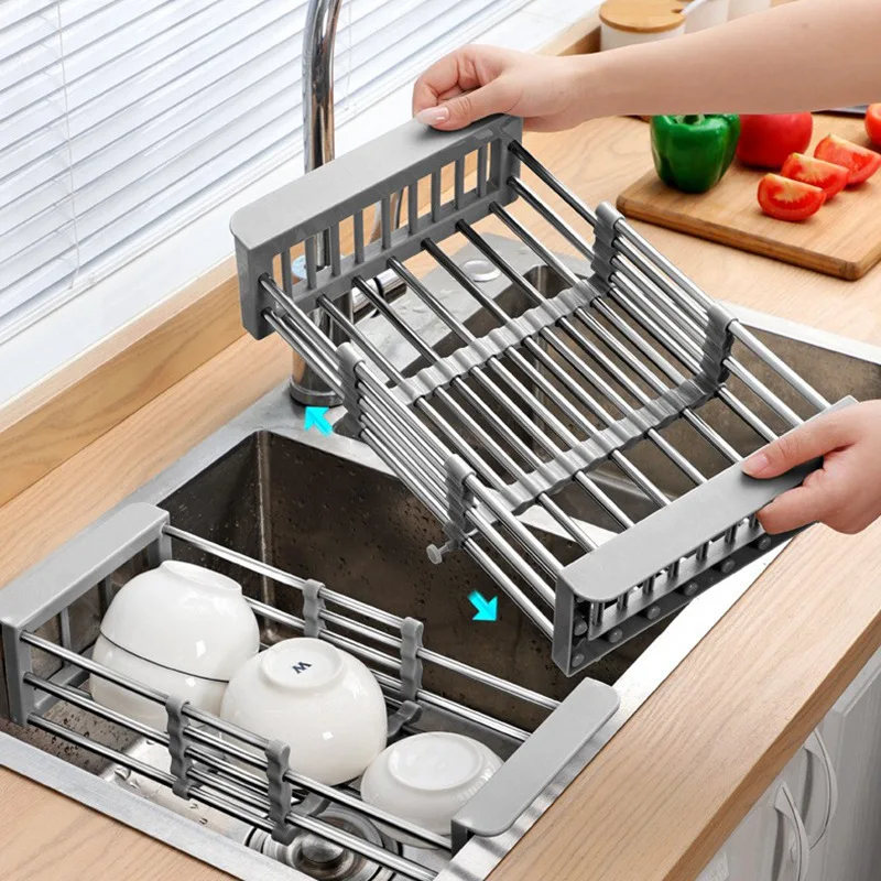Extend Over Sink Rack Adjustable Sink Drain Basket Kitchen Stainless Steel Dish Drying Rack