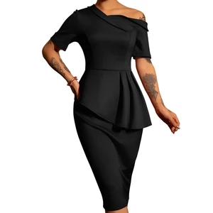 Summer Fashion Woman Formal Short Sleeve Ruffles One Shoulder Elegant Evening Dress