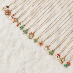 Christmas Gift Stainless Steel Link Chain Cute 18K Gold Plated Pendant Necklace Sock Tree Snowman Santa Reindeer Charms