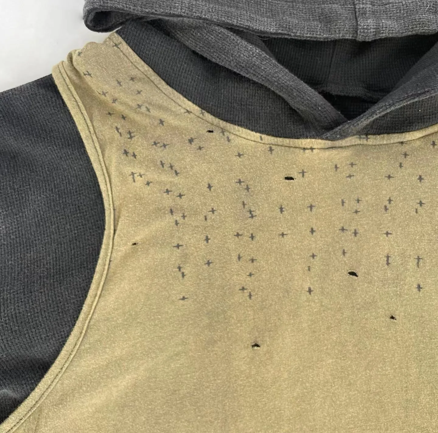 Custom Pullover Sweatshirt Print Ripped 100% Cotton Double Layer Waffle Knit Distressed Vintage Stone Acid Wash Crop Hoodie Men gallery 3