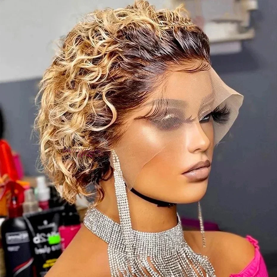 Pixie Cut Wig Honey Blond Water Deep Wave Lace Wig Afro Curly Short Bob Human Hair Wigs Natural Color Lace Front Wig For Women_voghion.com