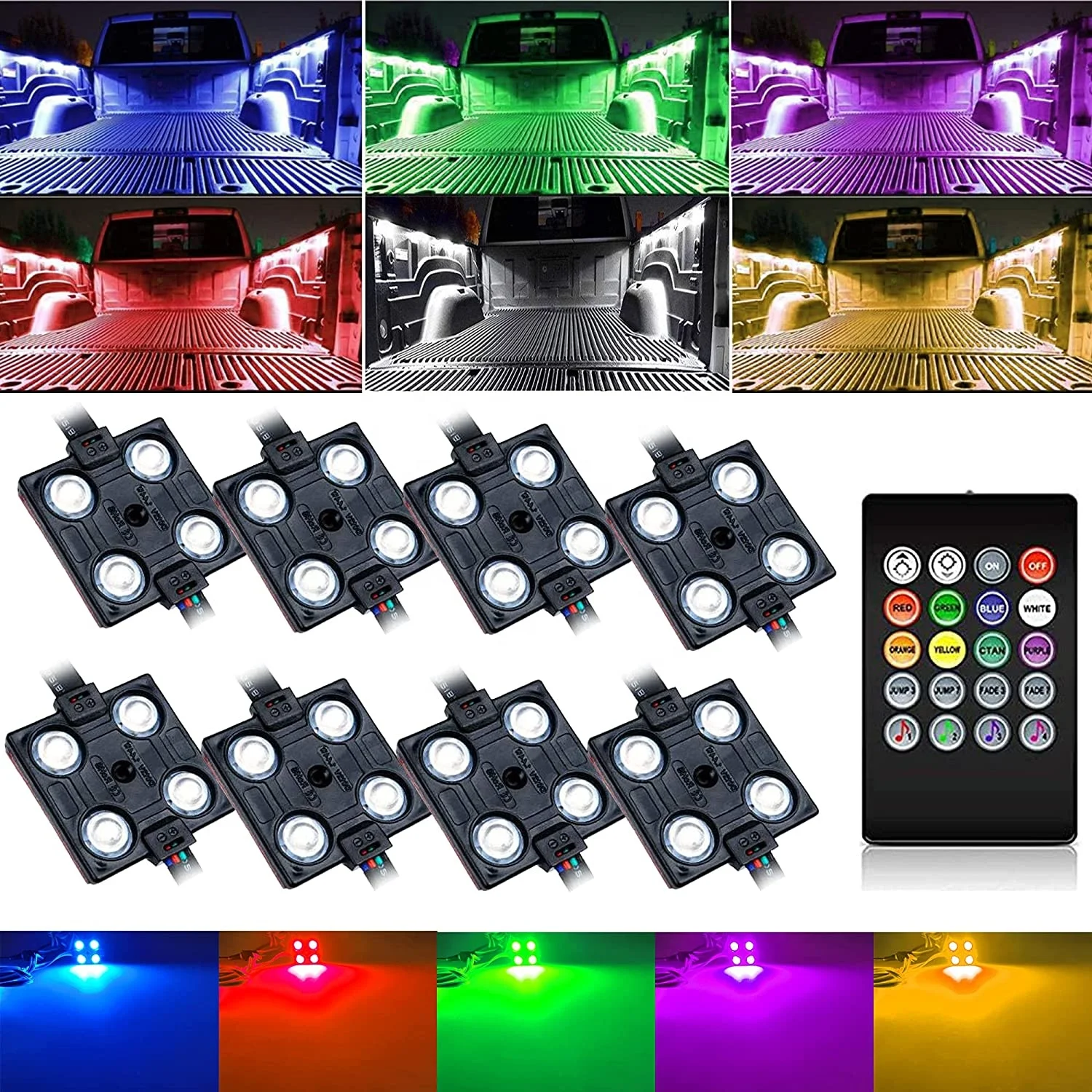 8pcs RGB LED Truck Bed Light Kit, 8 Colors Pickup Cargo Rock Lighting Kits w/Wireless Remote Control, Universal for Car Interior