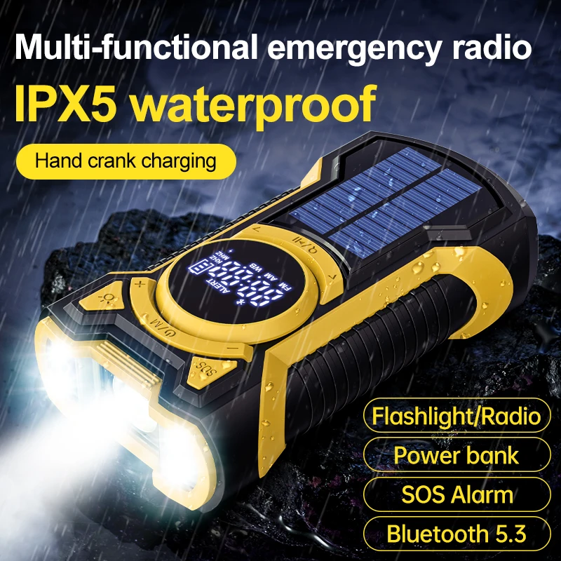 NOAA/AM/FM/SW BT Speaker IP65 Waterproof Dustproof Portable Radio Hand Crank Generator Dynamo Flashlight Solar Radio