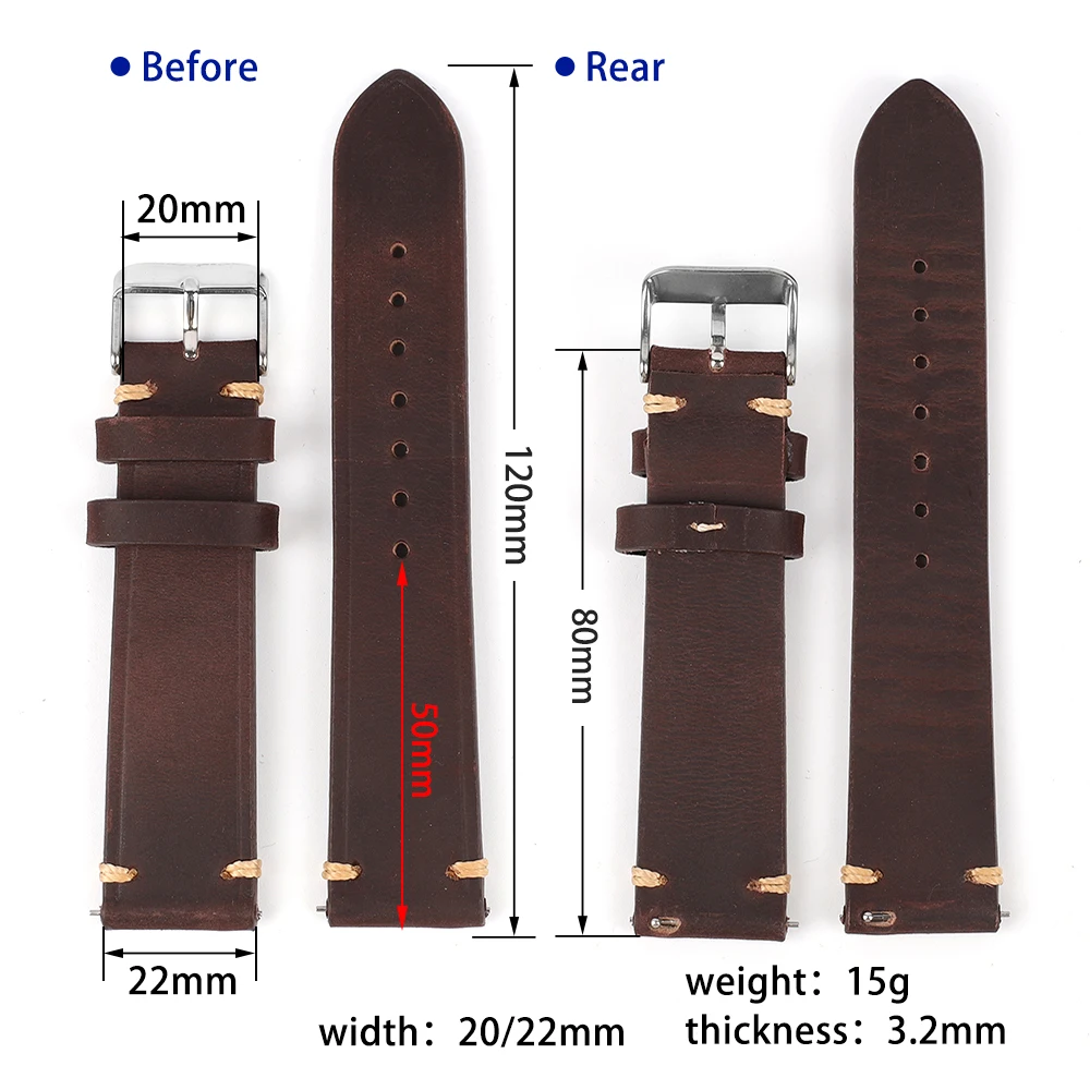 Cowhide Watch Strap Vintage Genuine Leather 20mm 22mm Crazy Horse