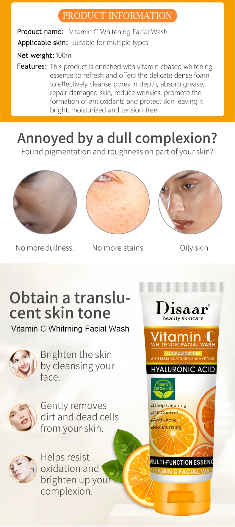 Disaar vitamin c face wash facial cleanser deep cleansing whitening skin care face wash for all skin types