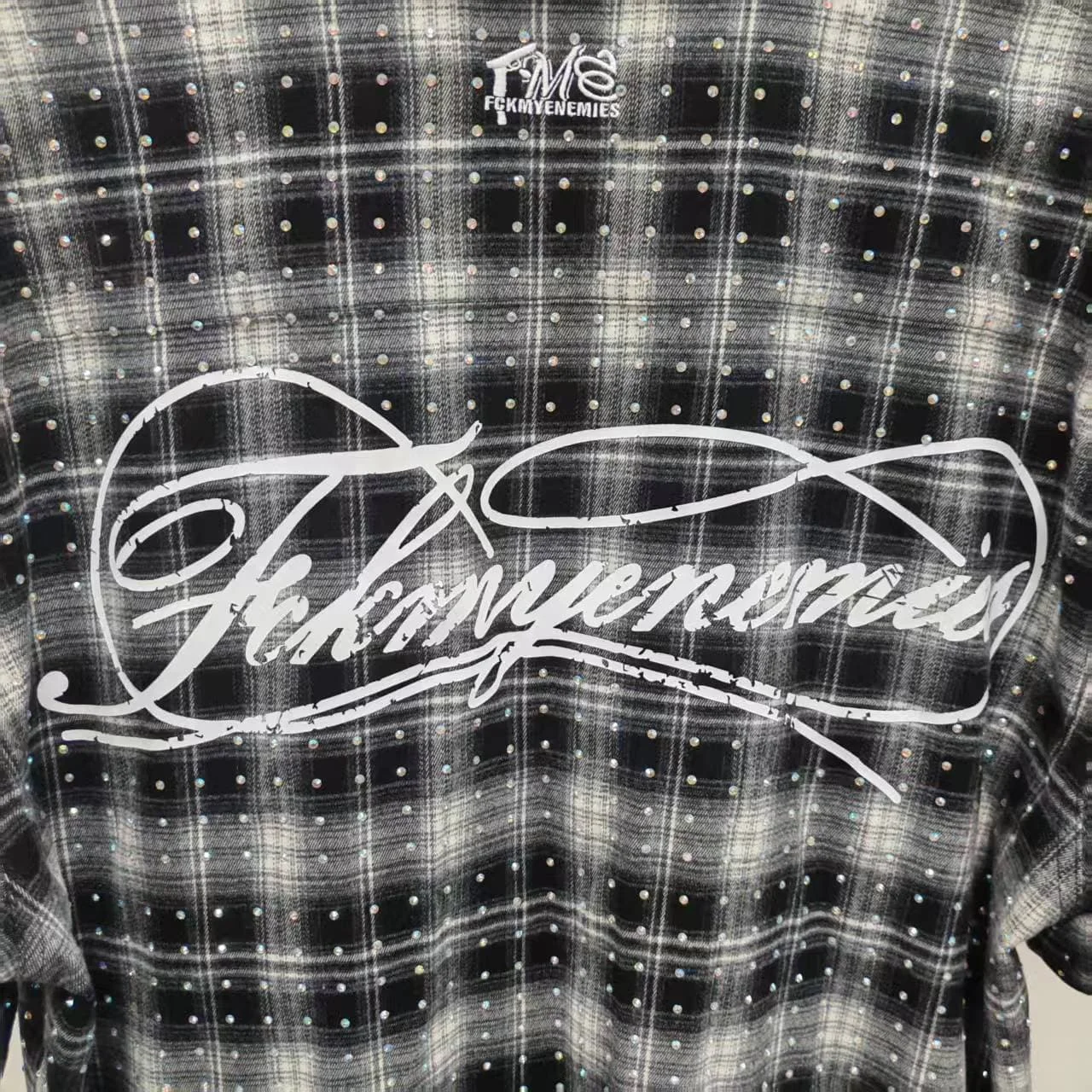 Wholesale Custom Logo Black Plaid Rhinestone Embroidery Oversized Button up Short Sleeve Streetwear Summer Wear Men Shirts gallery 4