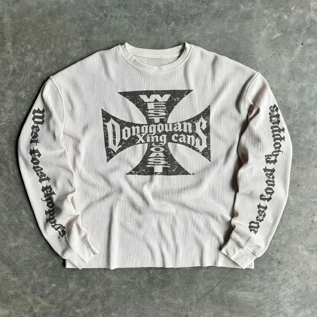 Aangepaste mans 100% katoen straatkasuele wafelbrei langmou-T-hemp, 300GSM swaar hitte-oordrag grafiese langmou-top