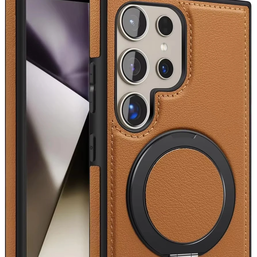 Leather Case for Samsung Galaxy S24 S23 Ultra Magnetic Compatible Ring Stand PU Leather Wallet Cover Business Style Simple