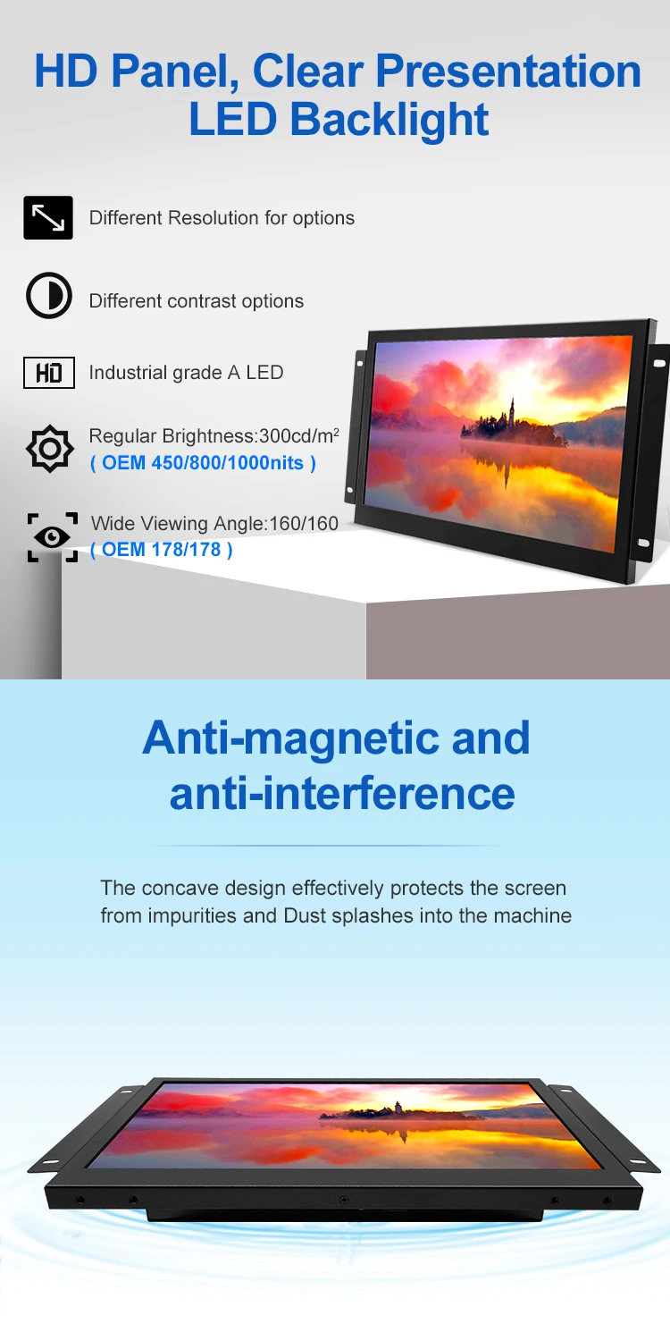 14 Inch Industrial Full HD 1920x1080 Screen Resolution Industrial LCD Display Commercial Open Frame Metal Case Monitor