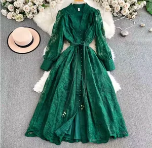 Custom High-End Vintage Floral A-Line Dress for Women Breathable Midi Lace Embroidery Sweet Casual Made  Crystal