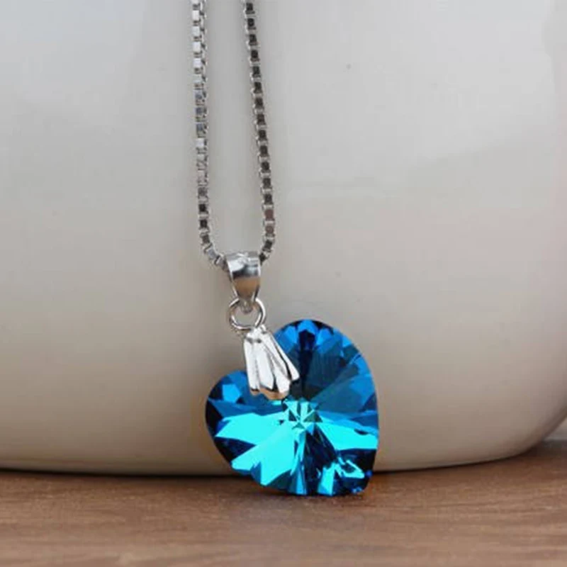 Women Crystal Love Heart Necklace 925 Sterling Silver Heart Of Ocean