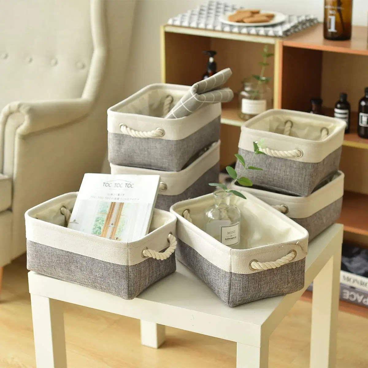 House Fabric Storage Bins Cubes Baskets Containers with Dual Plastic  Handles for Home Closet Bedroom Drawers Organizers