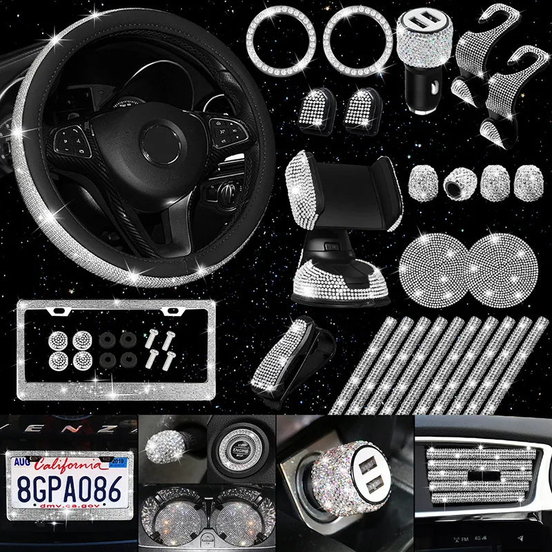 27pcs Car Accessories Set Bling Steering Wheel Cover Gear Handbrake