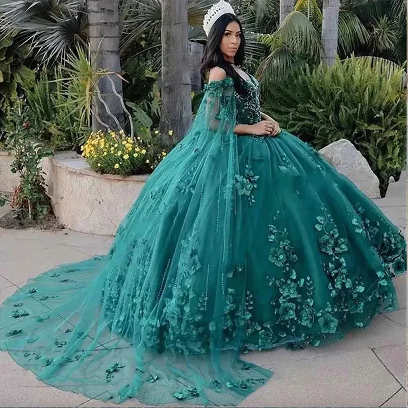 Mumuleo Emerald Green Quinceanera Dress with Cape, 3D Flowers & Beaded  Off-Shoulder Ball Gown, Elegant Vestido De 15 Anos