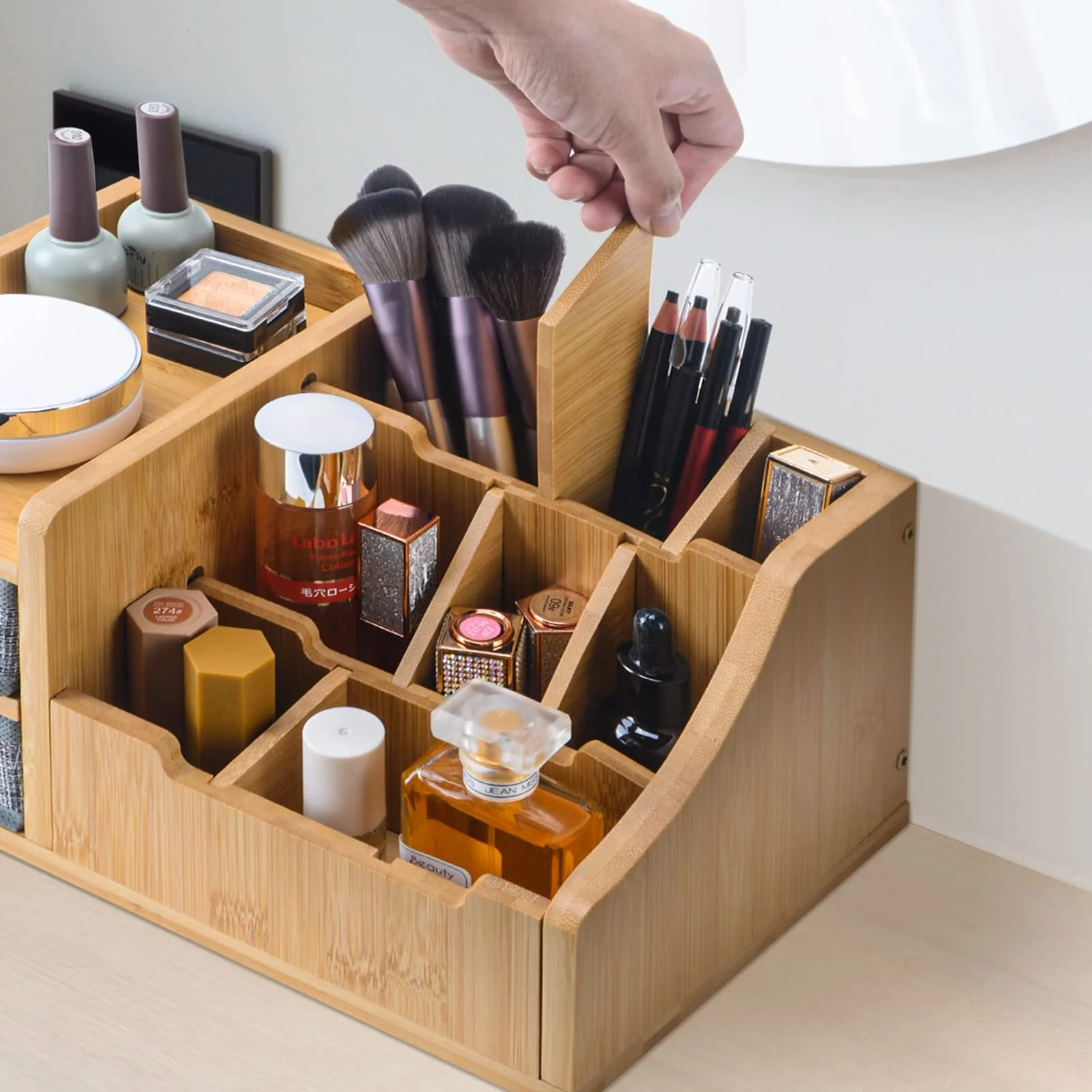 Bambus Make-up Aufbewahrungsorganizer mit 2 Schubladen Badezimmer-Organizer  und Aufbewahrung Holz-Kosmetiktablett Pinselhalter