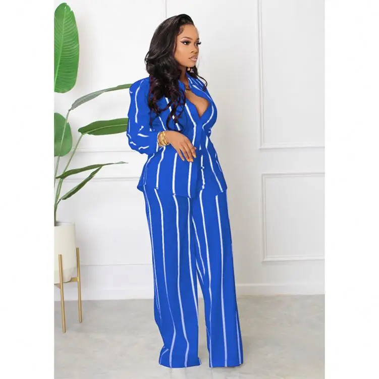 Fashion two piece set Autumn new women striped shirt long sleeve loose casual set Alibaba