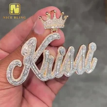 Fashion Bling Baguette Gold Plated 925 Sterling Silver Custom Logo Crown Letter Pendants Hip Hop Moissanite Pendant