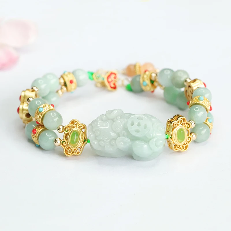 Mythical Animal Pixiu Myanmar Jade Chain Link Bracelets Double Layers  Natural Stone Bracelets Jewelry Burma Jadeite Bracelets