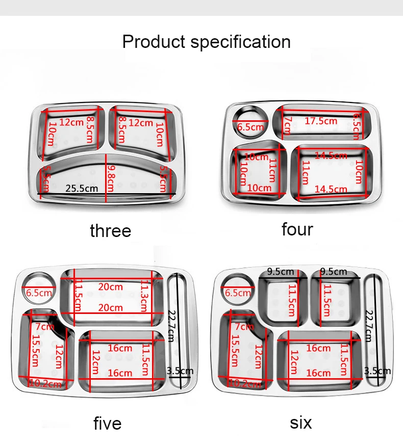 Rectangular School Prison 3/4/5/6 Sections Cafeteria Mess Lunch Trays Stainless Steel Food Divided Plates Tray