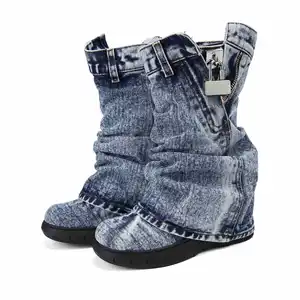 2026 Winter Thick-Soled Washed Vintage Denim Boots Slip-On Closure Super High Heel Mesh Unique European American Style Women's