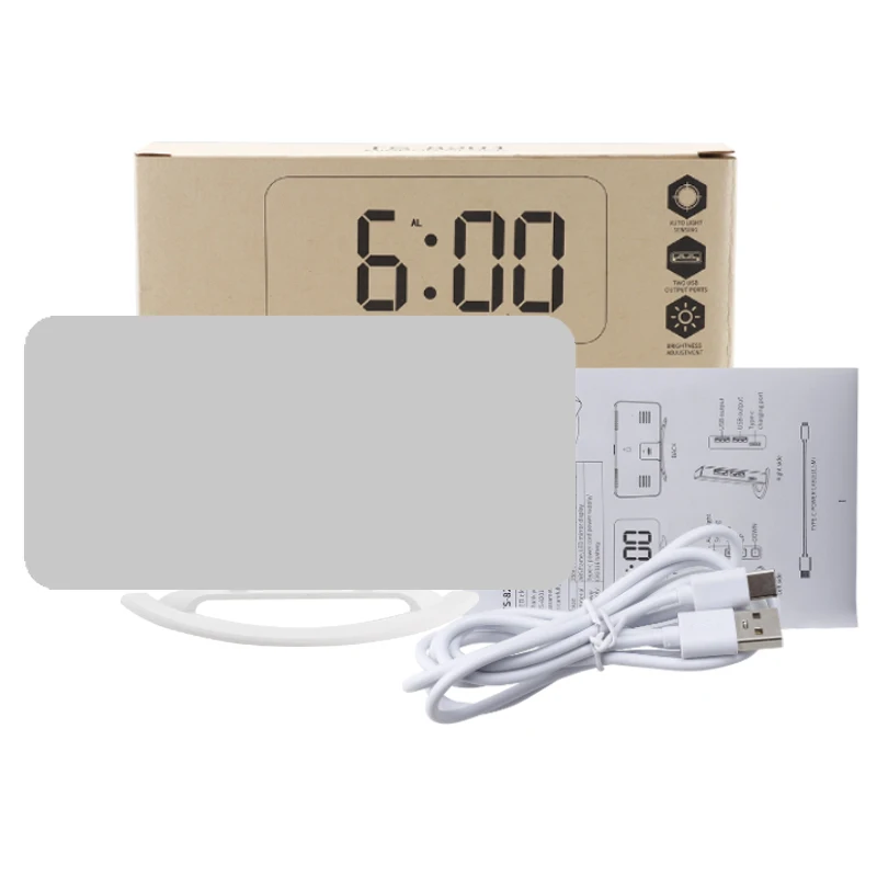 Big Display Digital Clock RGB Color Font with Two USB Ports Charging Travel LED Mirror Alarm Clock for Bedside