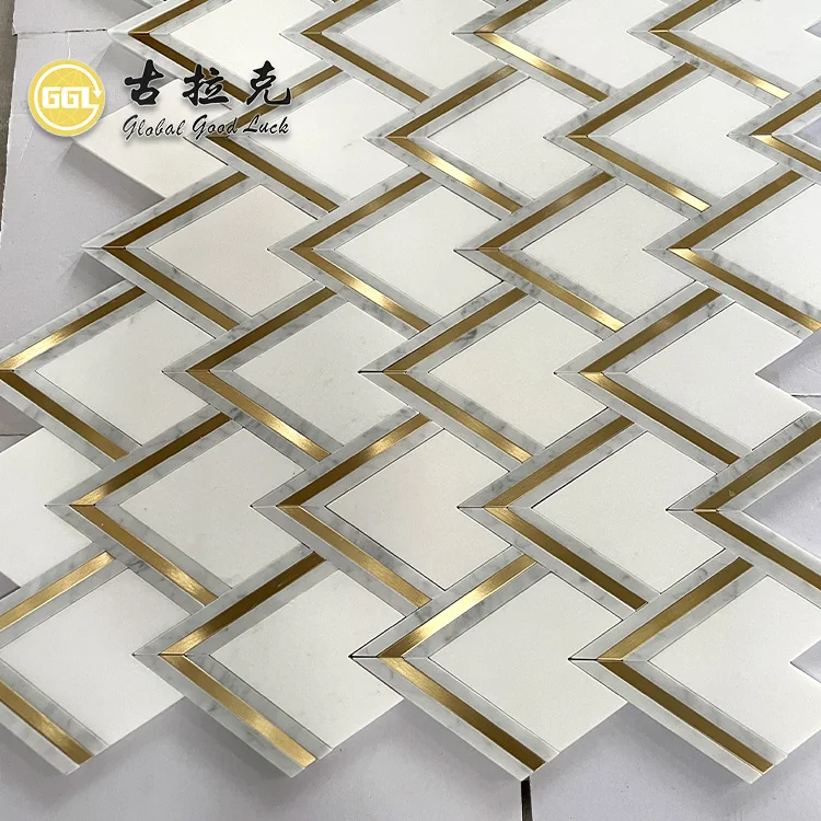 Modern design Arrow shape Thassos white waterjet Marble mix brass mosaic tile for wall and floor