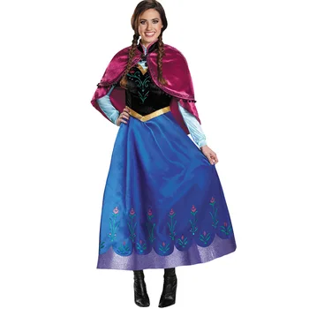 Quality Beautiful Long Seleeved Halloween Cosplay Princess Elsa and Anna Dress for Adult with Wigs and Capes