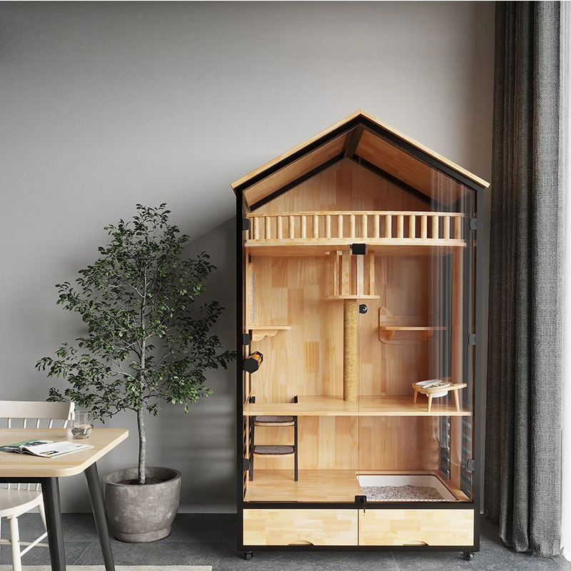 Panoramic Luxury Home Large Pet Indoor Japanese Style Cat House Cabinet Solid Wood Cat Villa Cage