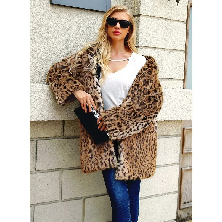 Cappotto di pelliccia di volpe da donna con cappuccio e motivo leopardato, stile medio lungo, invernale_voghion.com
