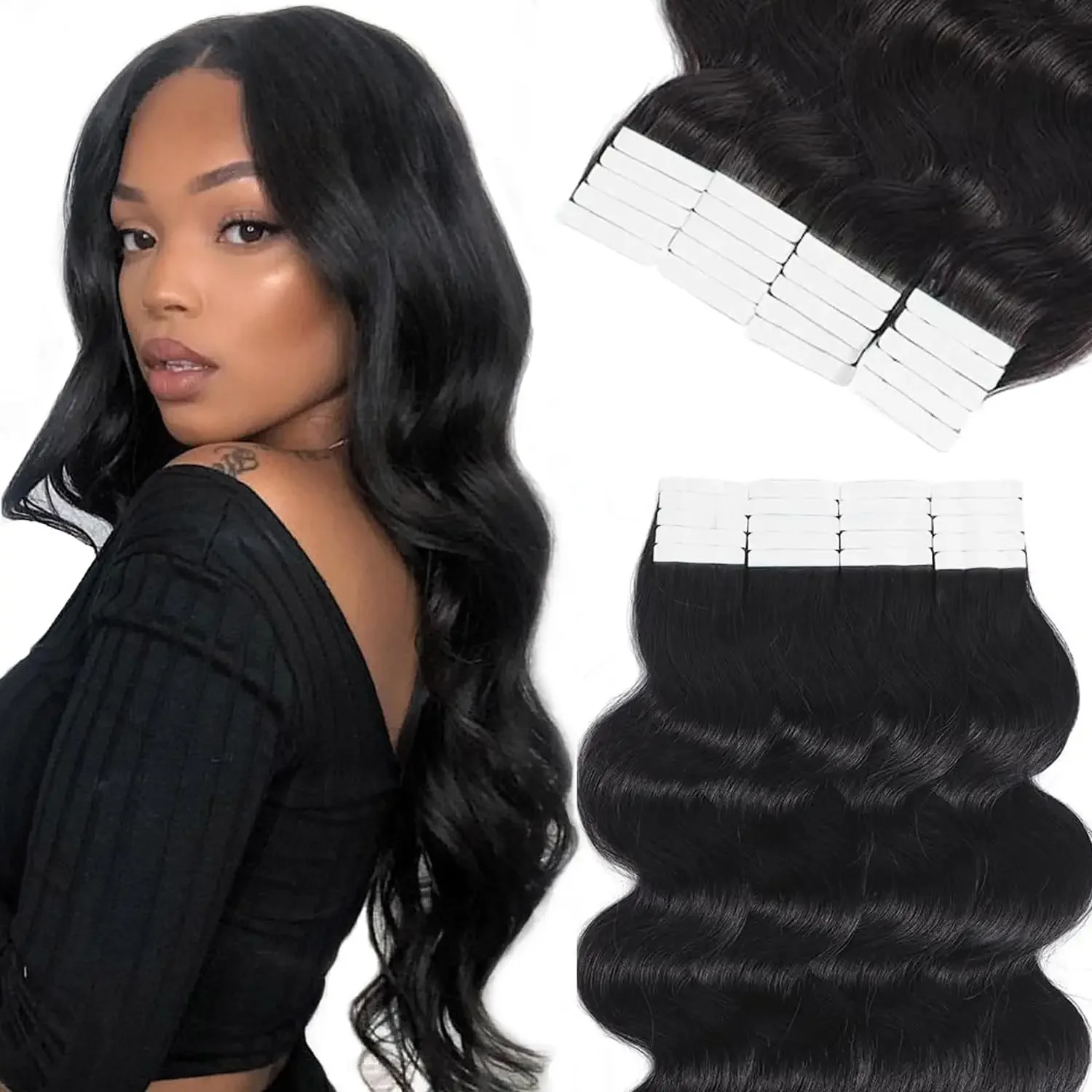 Extensii de păr Remy natural, cu bandă adezivă, ondulate fără sudură, pentru femei_voghion.com