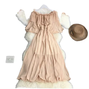 Customize Beach Solid Romantic Dresses Vacation Shoulder Ruffles Chiffon Flared Sleeves One Shoulder A-Line Midi Breathable