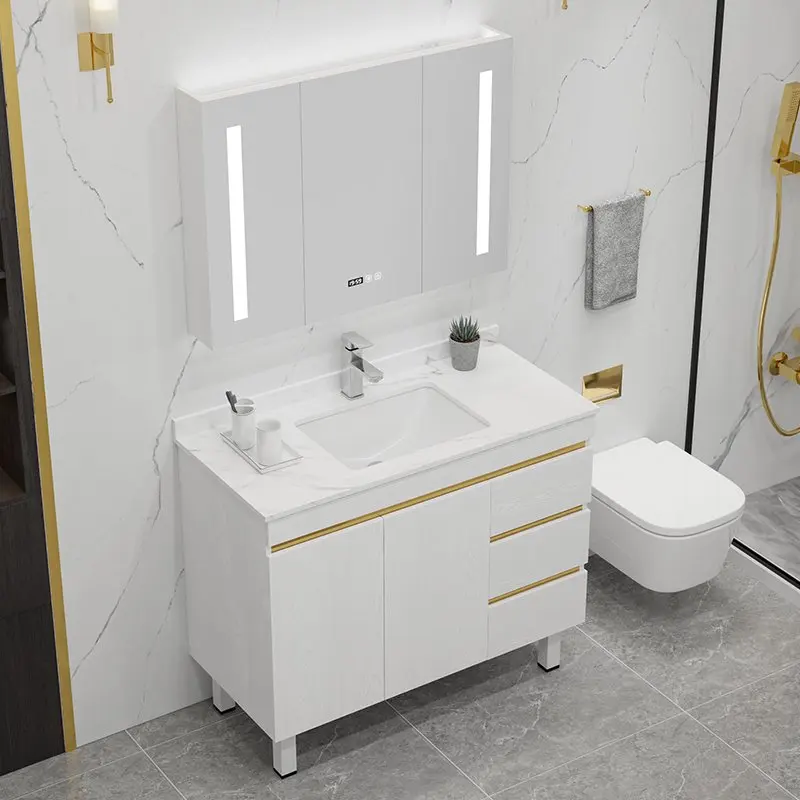 Hotel Washroom Furniture Luxury Solid Wood Floor Mount Bathroom Vanity Units Waterproof Bathroom Cabinet with Smart Mirror