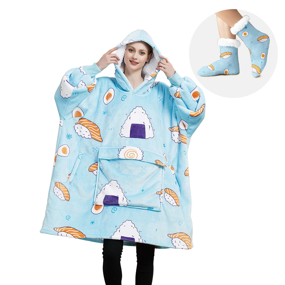 Custom Matching Socks Wearable Blanket Hoodie Adult and Kids Winter Big Pocket Sweatshirt Prints Oversized Blanket Hoodie