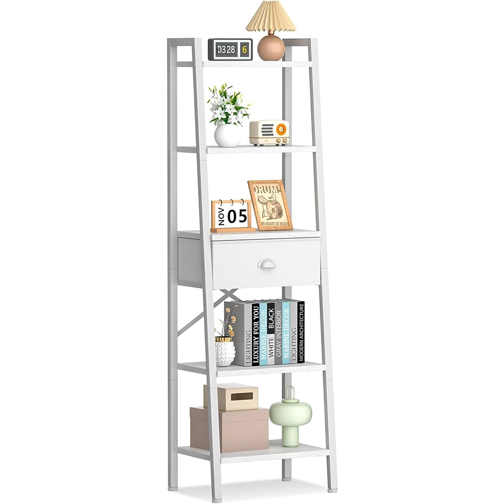 5 Tier Wooden/Metal Modern Bookshelf Ladder Shelf Drawer Tall Narrow Storage Organizer for Living Room Home Office