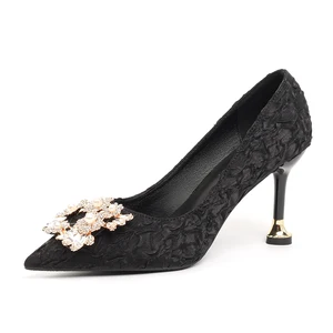 Chic Women's Black Textured Fabric Comfortable Pointed Toe Stiletto Heel Sandals with Pearl & Rhinestone Buckle