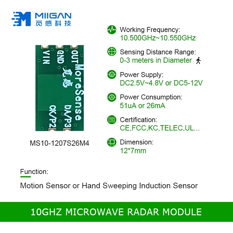 MS10-1207S26M4 10GHz Microwave Radar Module 51uA or 26mA Hand Sweeping Induction Motion Detector Proximity Sensor