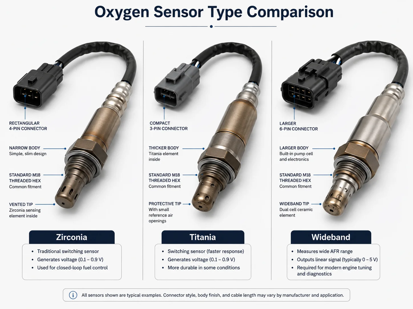 Zirconia, titania, and wideband oxygen sensor comparison for importers