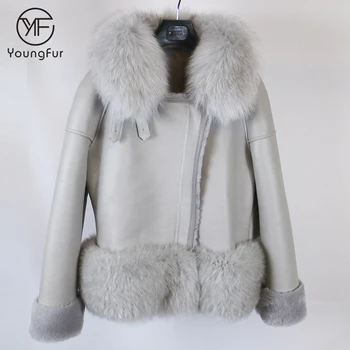 Latest Elegant Women Winter Sheepskin Coat With Big Fox Fur Collar Lamb Leather Jacket With Fur Lined